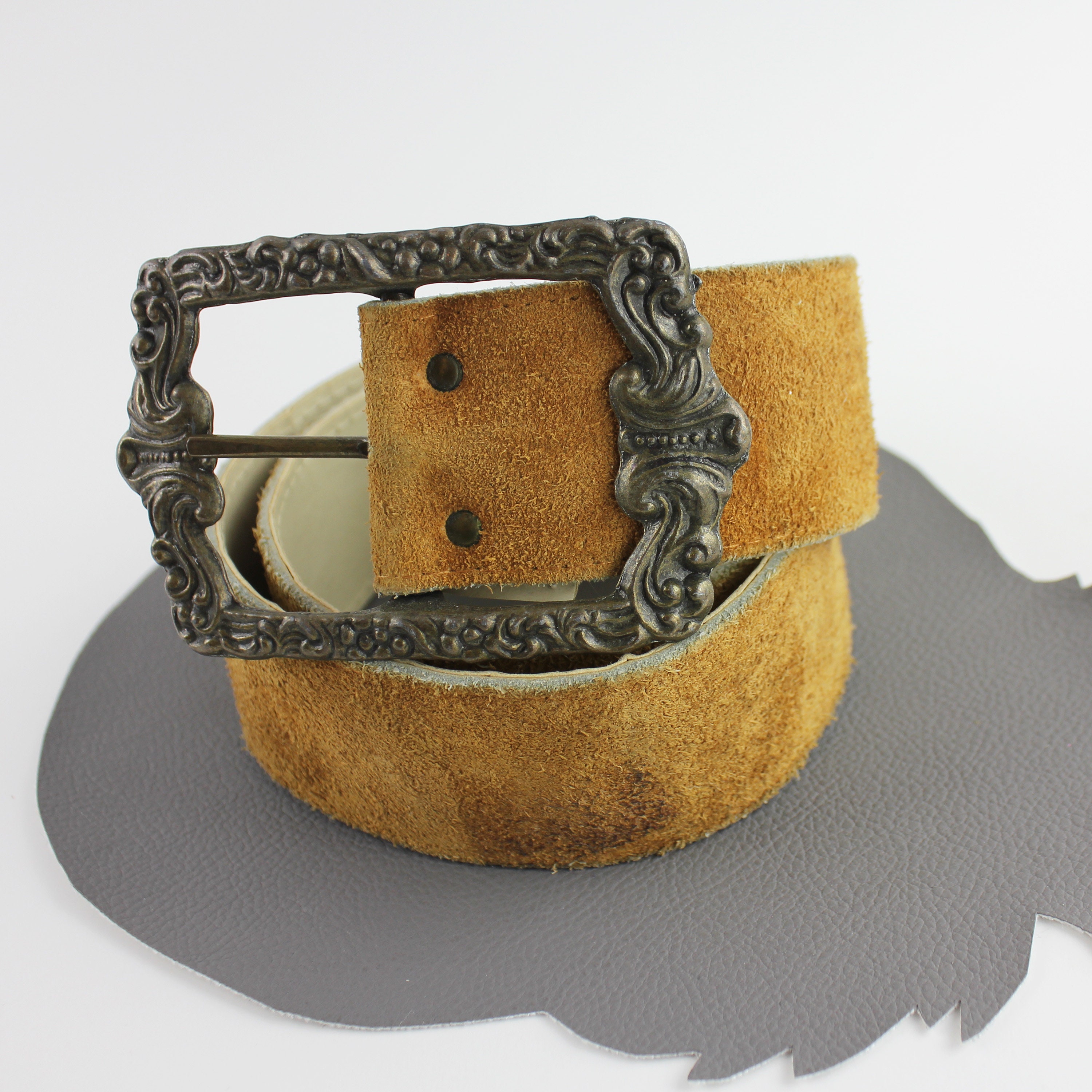 Suede Bohemian Belt Brown Genuine Leather with Brass Daisy Detail and Buckle XL Wide Light Brown Suede Leather Boho Belt With Brass Scroll  main image 3