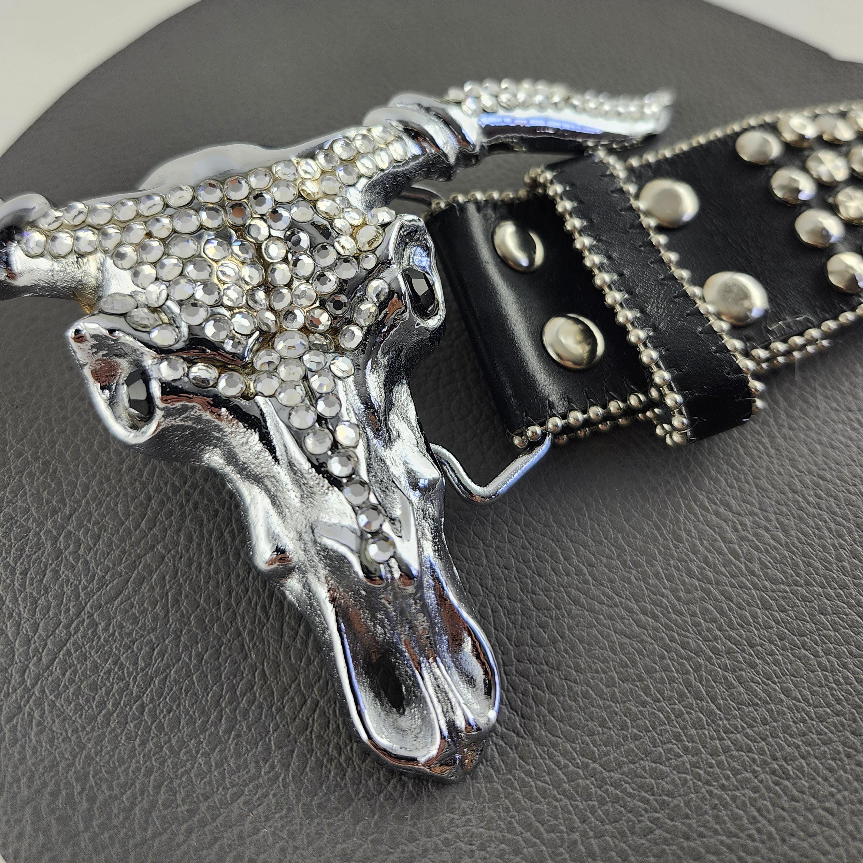 Black Leather Silver Studs & Rhinestone Western Vintage Belt 