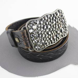 Dark Rhinestone Buckle on Black Tooled Leather Western Belt size 38/39