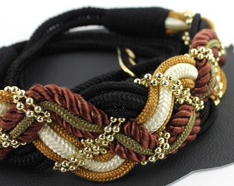 Brown Black Cream Army Green & Gold Braided Rope and Gold Beaded Vintage Belt