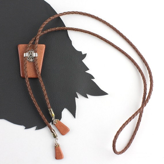 Goldstone Glittery Stone Bolo Tie with Brown Leat… - image 5