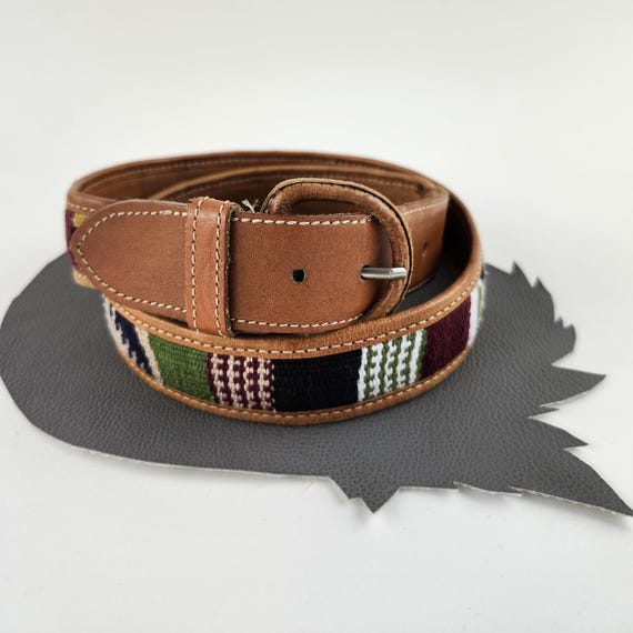 Vintage tooled striped leather red brown boho southwestern unisex belt Sz 34 Artisan Handcrafted Southwest Embossed Leather Belt - Cellar  main image 3