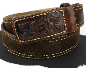 Brown Floral Tooled Suede Leather Western Distressed Vintage Belt size 36