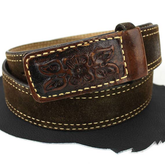 Brown Floral Tooled Suede Leather Western Distres… - image 1