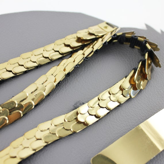 Thin Gold Metal Scale Vintage Elastic Belt / Narr… - image 6