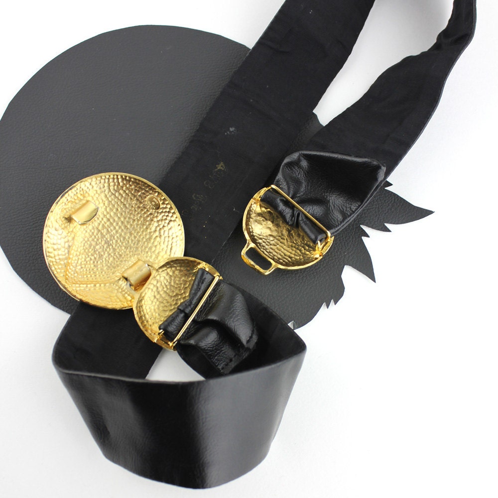 Vintage Alexis Kirk Gold & Rhinestone Buckle on Black Vinyl 
