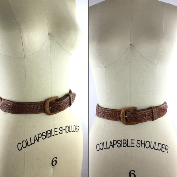 Distressed Brown Leather Woven Belt Unisex size U… - image 4