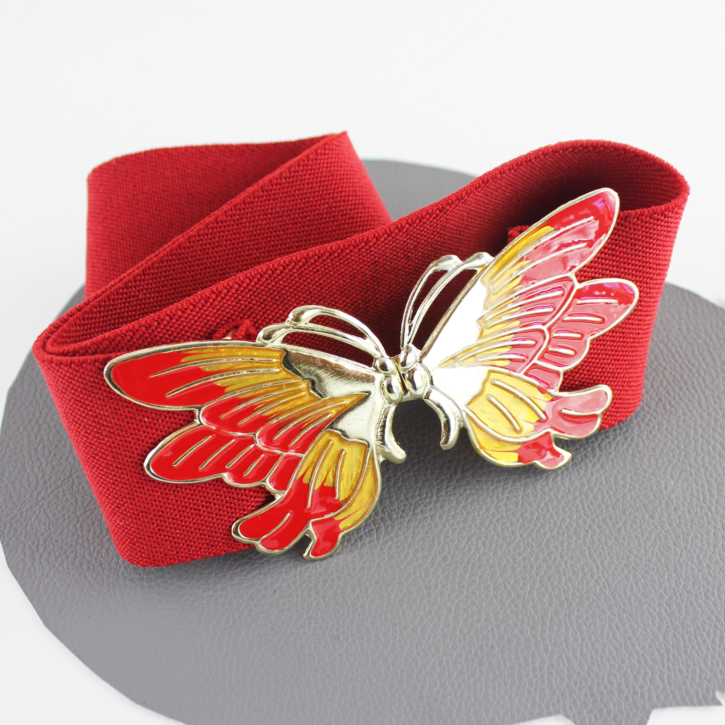 vintage butterfly belt / バタフライ 蝶々 ベルト Red Yellow & Gold Butterfly Buckle Red Elastic Vintage Belt