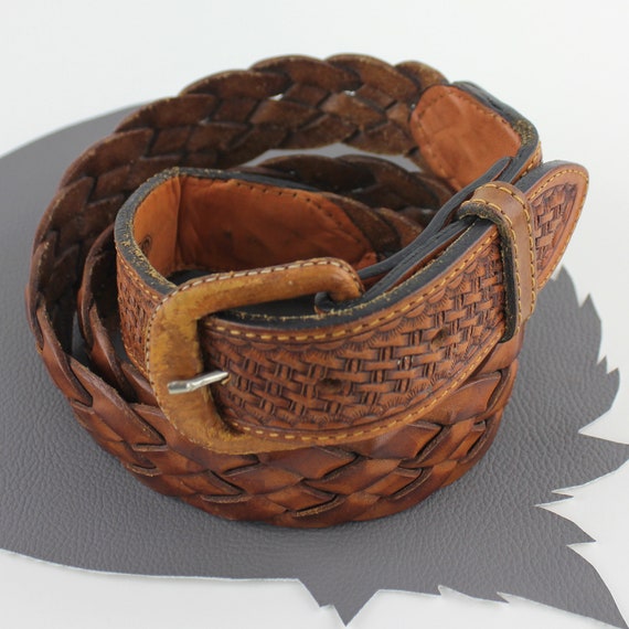 Distressed Brown Leather Woven Belt Unisex size U… - image 3