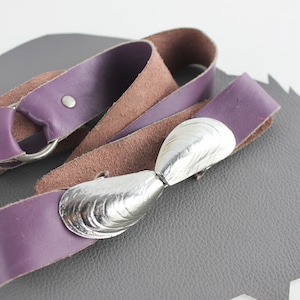 Vintage Purple Leather Belt with Silver Seashell Metal Buckle - adjustable up to 39 inches