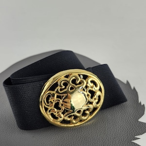 Gold Abstract Hearts Oval Buckle Vintage Black Elastic Belt size Medium / Large