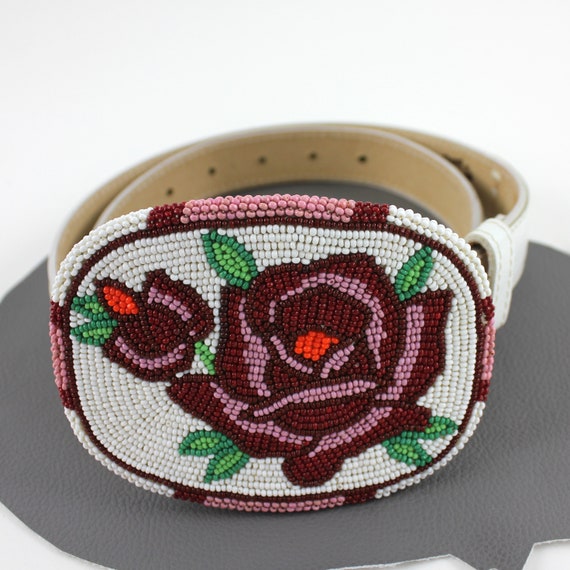 Red White Green Rose Fully Sead Beaded Buckle on … - image 1