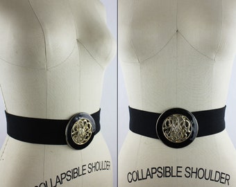 Black & Gold Large Round Scroll Buckle Vintage Elastic Belt  display picture 3