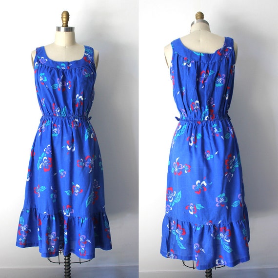 Vintage Faded Blue Floral Elastic Waist Dress - image 1