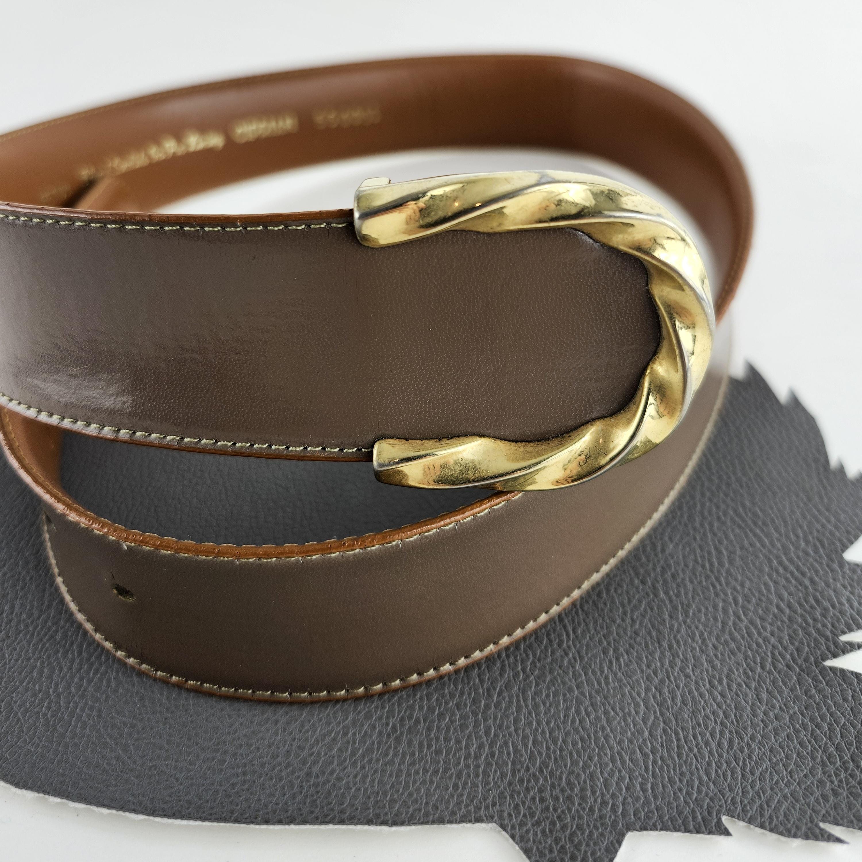 Vintage Taupe Leather Belt With Gold Buckle Size Medium  display picture 1