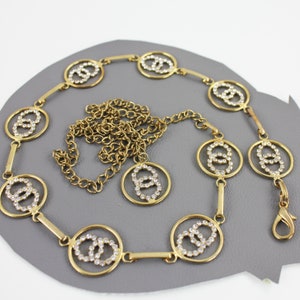 Vintage Rhinestone & Gold Circle Chain Link Metal Belt -up to 46 inches in length