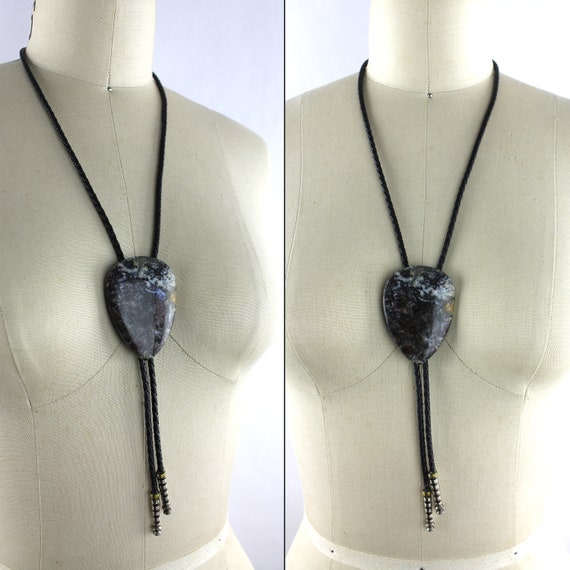 Blue Gray Brown White Stone Bolo Tie / Vintage Ag… - image 4