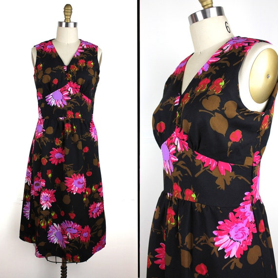 Black Floral Sleeveless Vintage Dress - Black Pin… - image 1