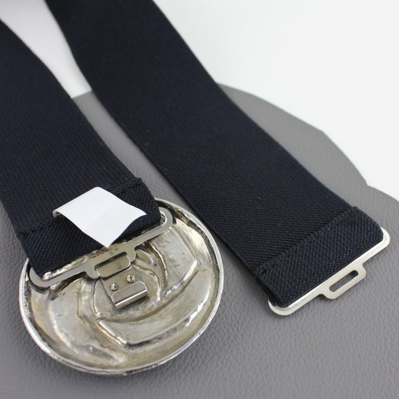 Wide Belt with Abstract Silver Metal Clasp Black Stretch Belt Strap Vintage Vintage 80s Black Wide Elastic Belt: Silver Interlocking  main image 2