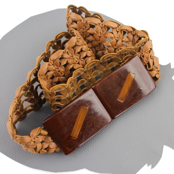 Brown Faux Leather Woven Belt with Glossy Wood Bu… - image 5