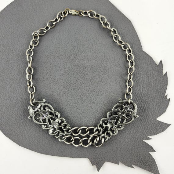 Silver Baroque Inspired Vintage Chain Necklace - Gem