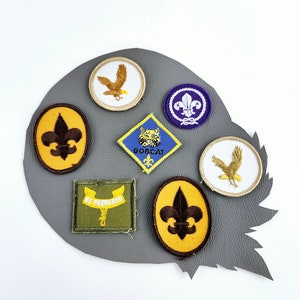May include: A collection of seven Boy Scout patches on a gray background. The patches feature a variety of designs, including a fleur-de-lis, an eagle, a bobcat, and the words "Be Prepared".
