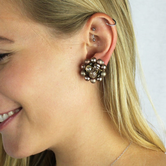 Cluster Bead Vintage Clip On Unpierced Earring Set … Gem