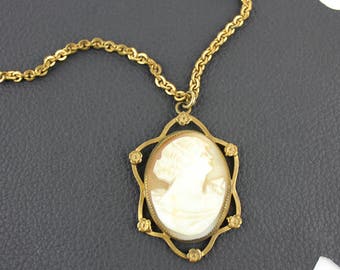 Peach White and Gold Art Nouveau Cameo Gold Chain Necklace