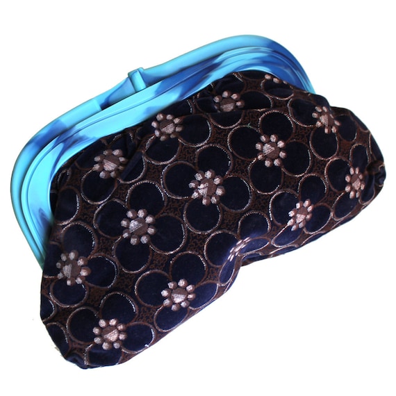 Navy Floral Velveteen with Blue Plastic Clasp Clu… - image 1