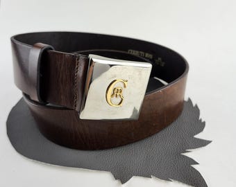 Dark Brown Leather Cerrutti Vintage Belt with Silver & Gold CRR Logo Buckle size US 27