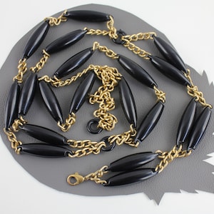 Vintage 60s Mod Black Plastic Beads and Gold Chain Belt fits up to 40 inches waist