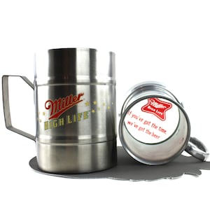 Vintage Miller High Life Metal Mugs Set of 2 / Collectible Metal Beer Stein Set / Clear Bottom Miller Beer Mug / It&#39;s Miller Time Bar Decor