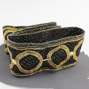 Gold Metallic Thread Embroidered Black Fabric Vintage Belt with Snap Closure size 35 1/2&quot;