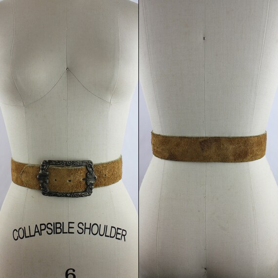 Wide Light Brown Suede Leather Boho Belt With Brass Scroll  display picture 1