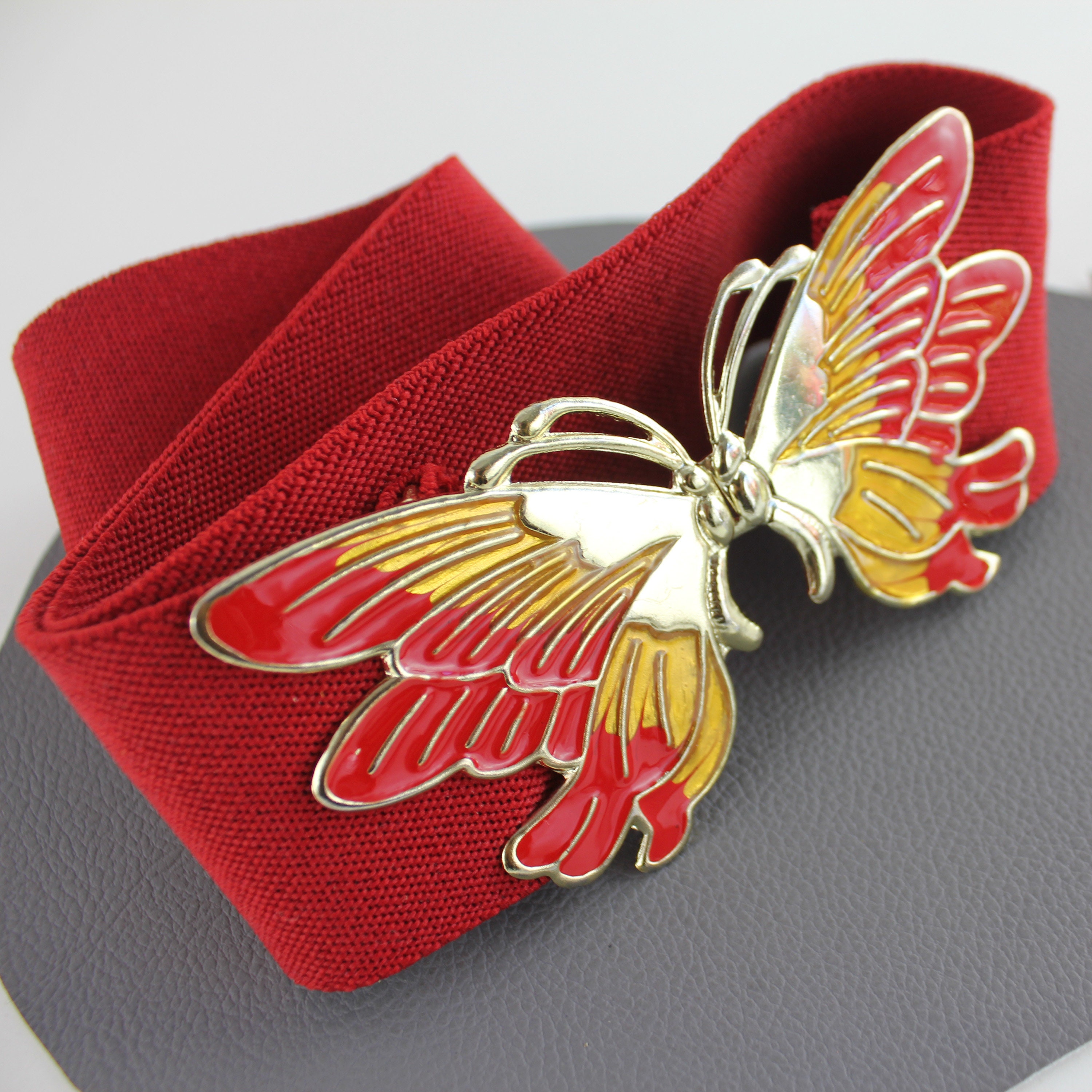 Red Yellow & Gold Butterfly Buckle Red Elastic Vintage Belt 