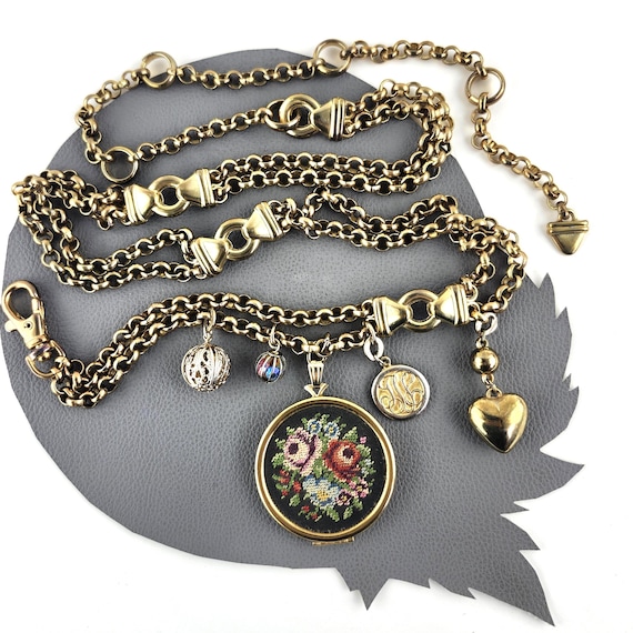 Brass Chain Charm Belt With Needlepoint Locket With Mix of 