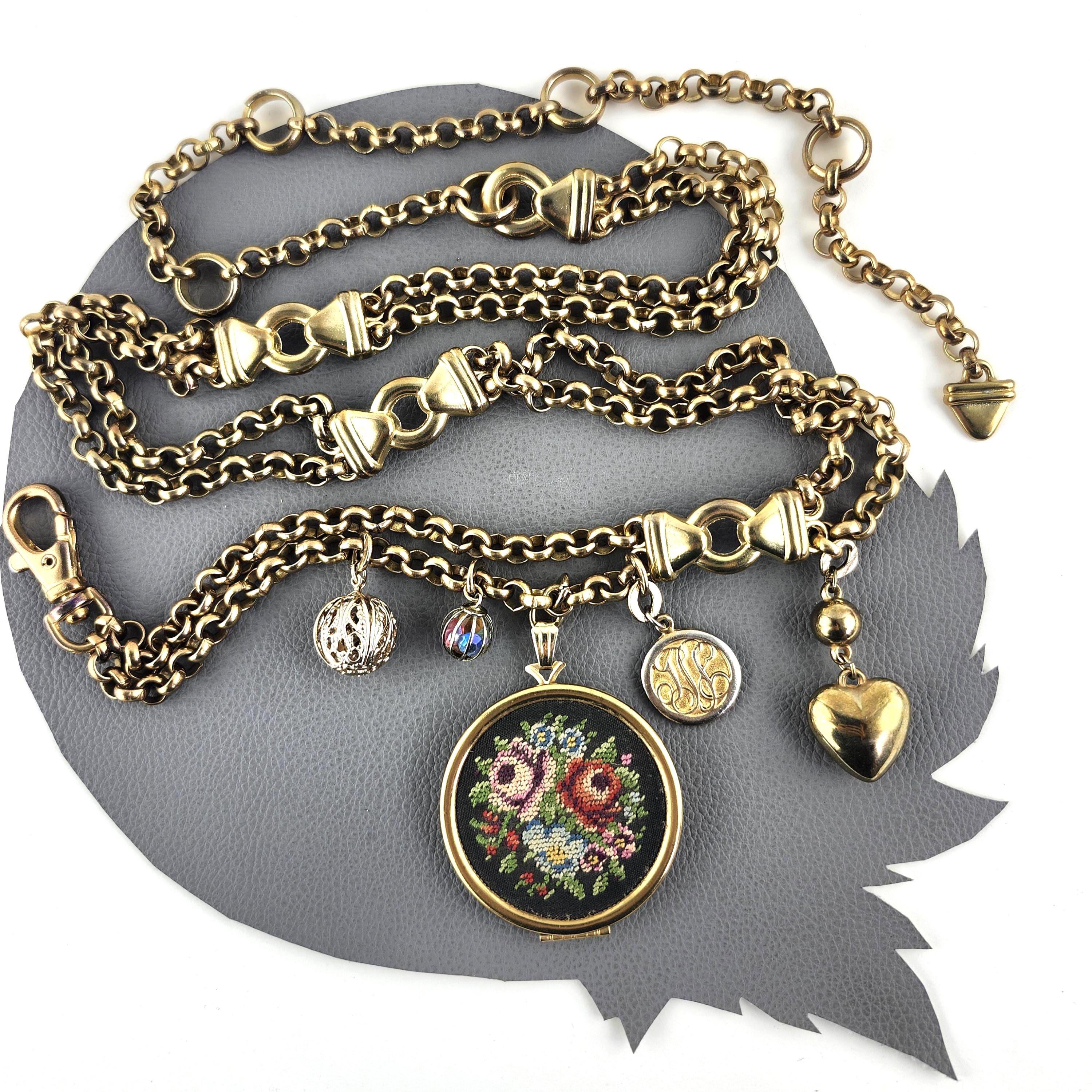 Brass Chain Charm Belt With Needlepoint Locket With Mix of 