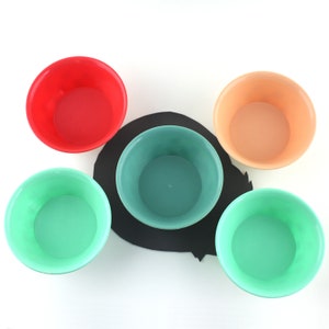 May include: Five plastic bowls in different colors: red, orange, green, teal, and light green. The bowls are arranged in a circle on a black surface.