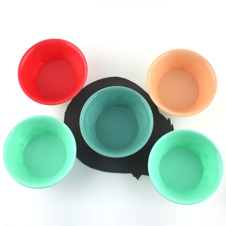 May include: Five plastic bowls in different colors: red, orange, green, teal, and light green. The bowls are arranged in a circle on a black surface.