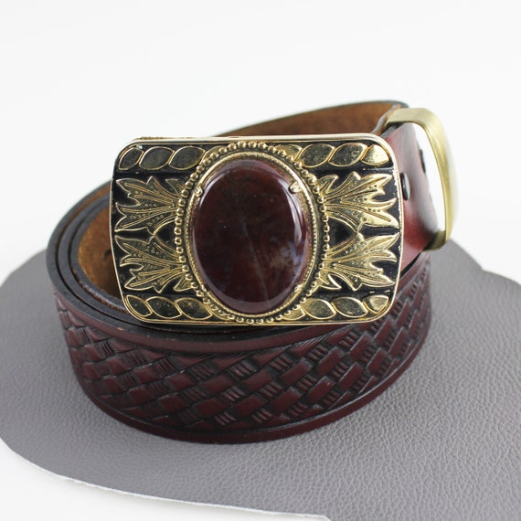 Red and Gray Stone Set in Brass Buckle on Burgundy Red  display picture 2