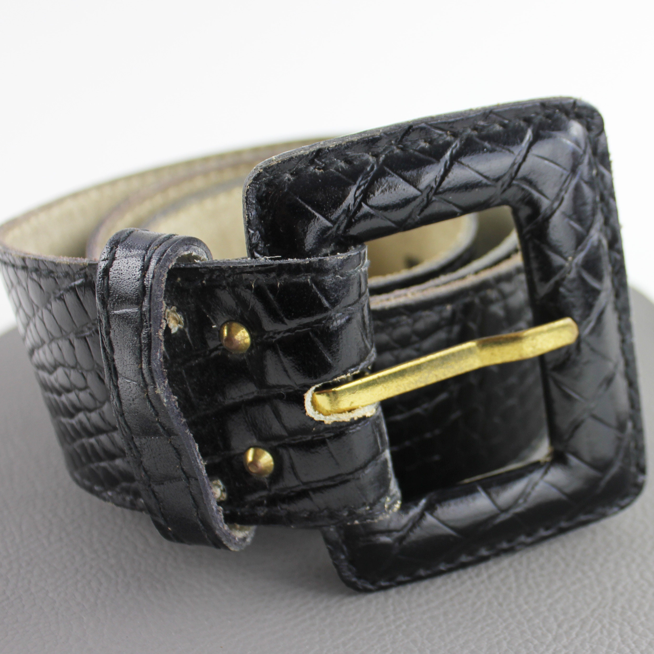 Black Croc Vintage Gold Buckle Western Belt