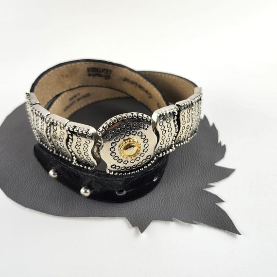 Black Vintage Faux Alligator Leather Belt With Silver & Gold  display picture 1