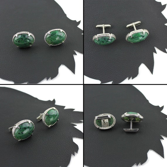 Green Speckled Stone and Silver Vintage Men's Cuf… - image 5