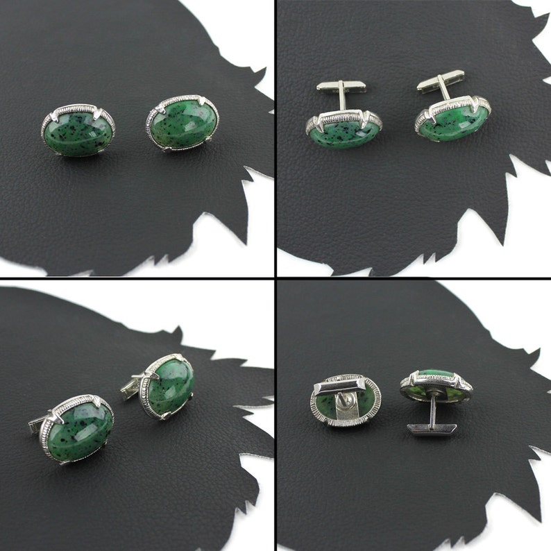 Green Speckled Stone and Silver Vintage Men's Cuff Links image 5