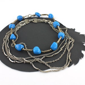 Blue Stone & Silver Multi Strand Chain Necklace Set / Blue Silver Necklace / Bohemian Style Necklace /Southwest Jewelry / Silver Metal Chain