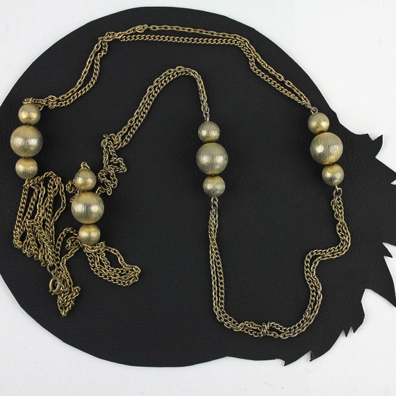 Antiqued Brass Cascade Long Vintage Chain and Bead Necklace
