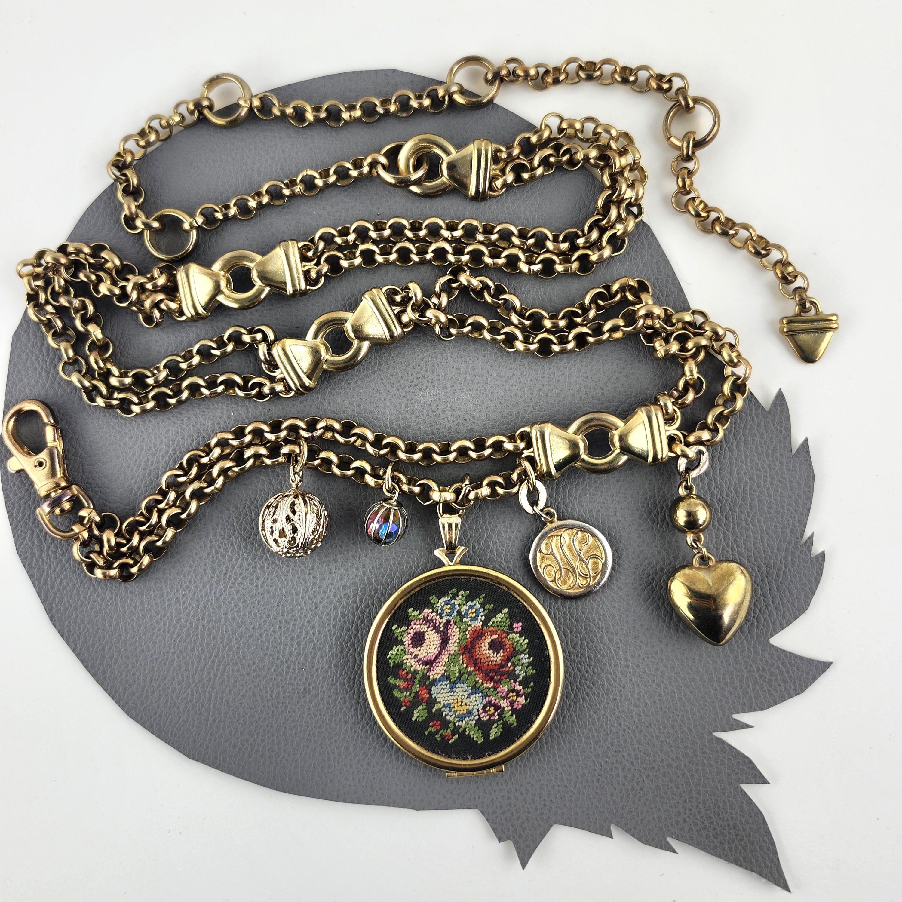 Brass Chain Charm Belt With Needlepoint Locket With Mix of