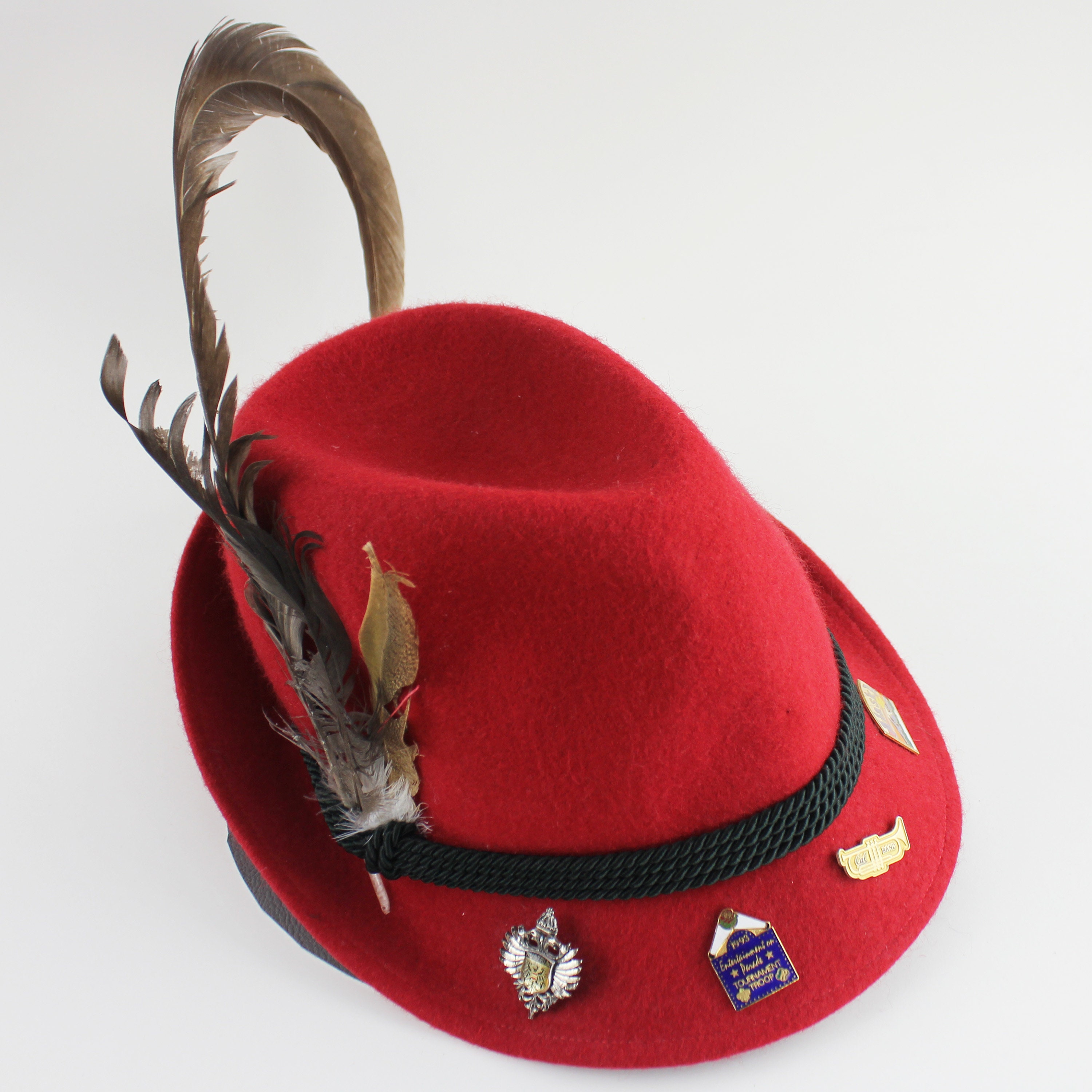 Red Fedora Trachten Hat & Vintage Stag Crest Pins Oktoberfest Small XS Red Alpine Fedora With Black Ribbon & Feather and Travel  main image 2