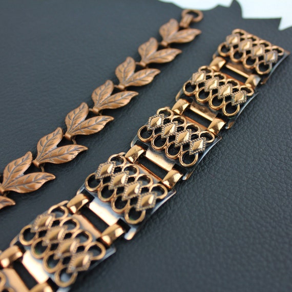 Copper Bracelet Set - Mid Century Modern & Leaf B… - image 1