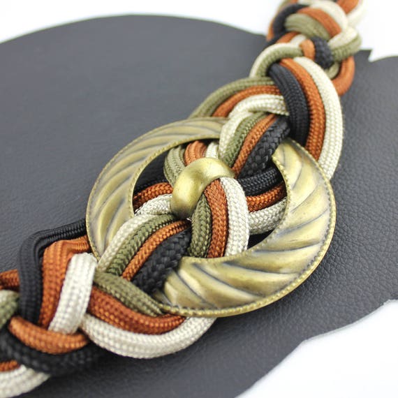 Cream Green Rust Black Knot Rope Belt with Brass … - image 5